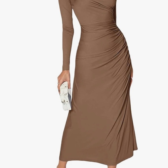 Dresses & Skirts - Women's Solid Boat Neck Long Sleeve Ruched Side Party A Line Long Dress